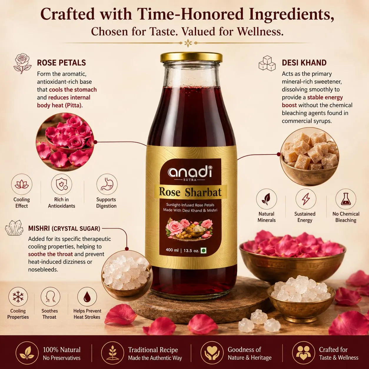 Rose sharbat bottle with rose petals and desi khand and mishri ingredient bowls
