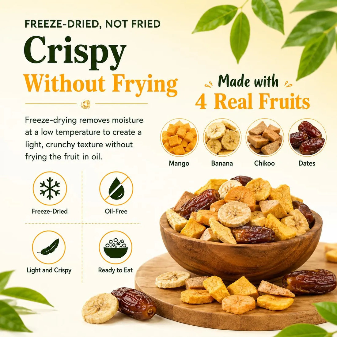 Bowl of assorted freeze-dried fruit chips with golden slices and dark dates