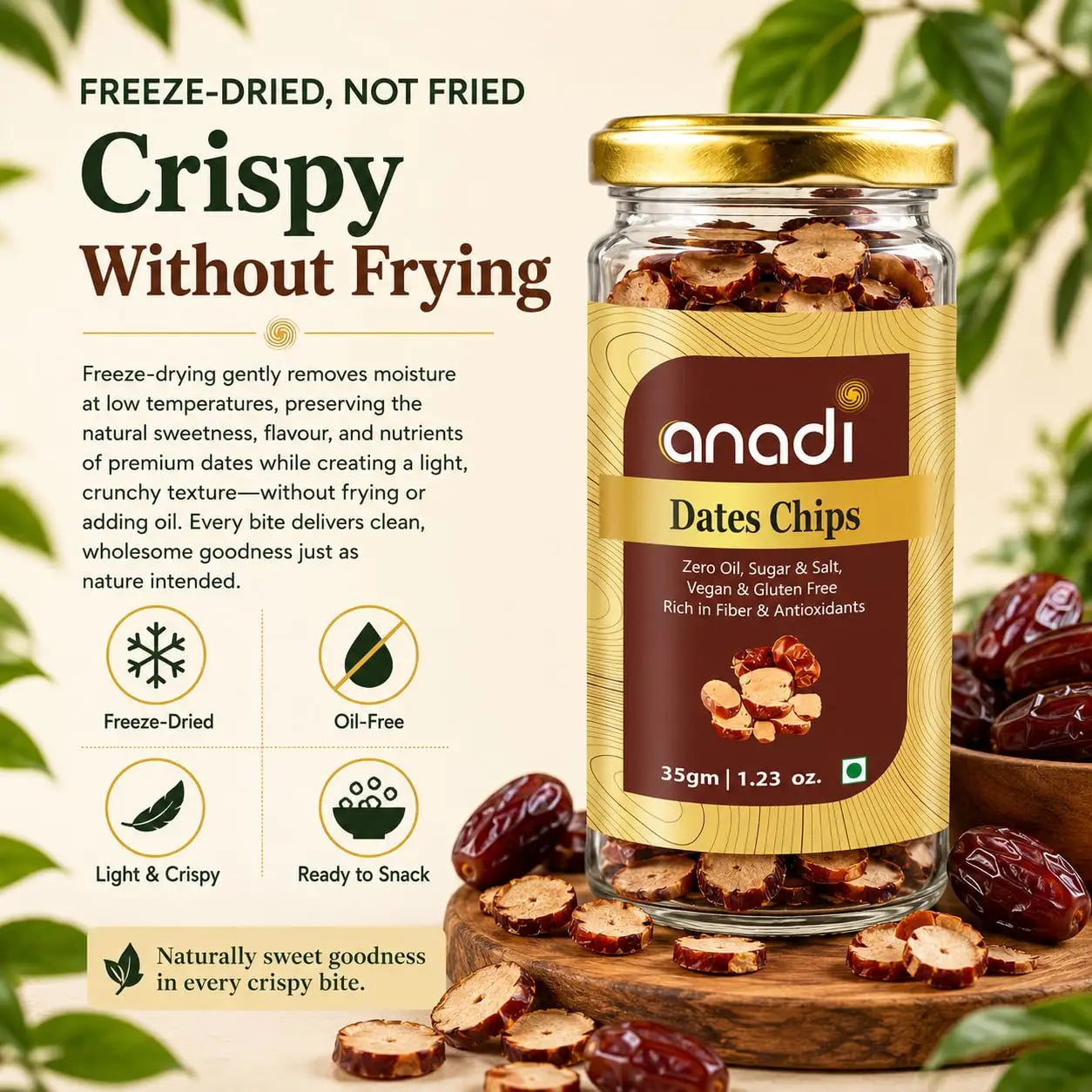 Crispy freeze-dried Dates Chips jar with gold cap, anadi label, and date pieces