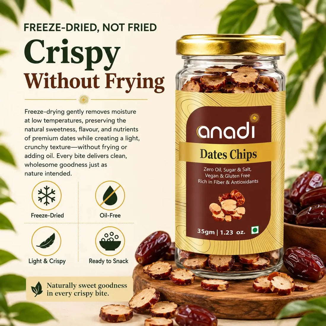 Crispy freeze-dried Dates Chips jar with gold cap, anadi label, and date pieces