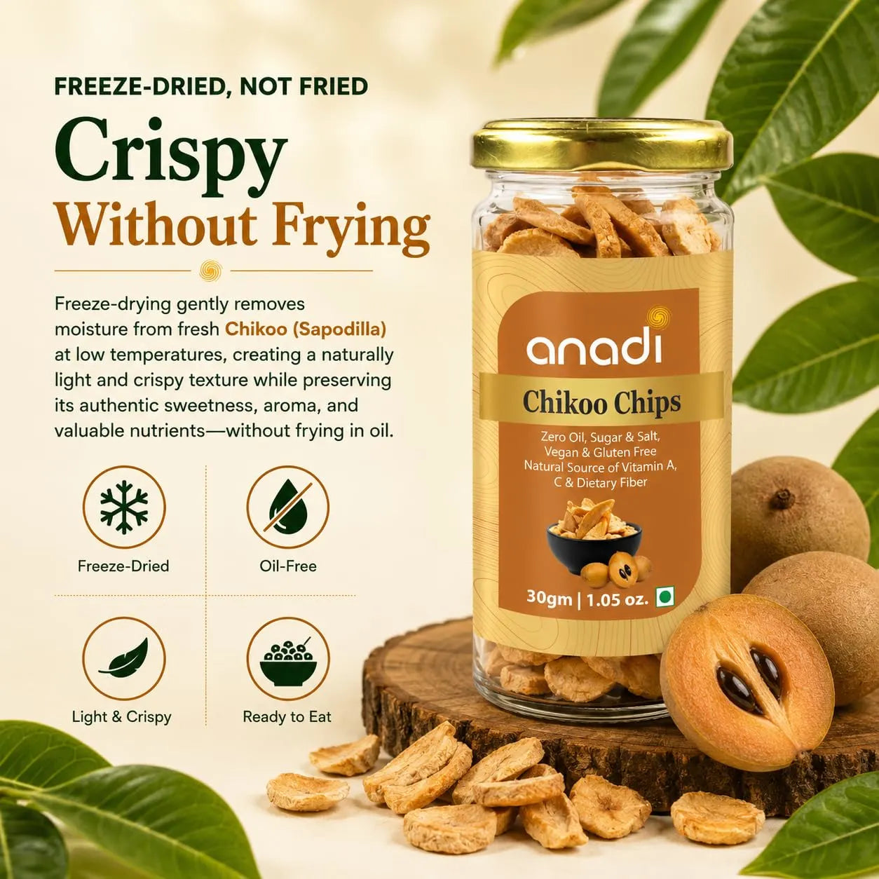 anadi Sutra Chikoo Chips jar with freeze-dried chips, 30 g, gold lid