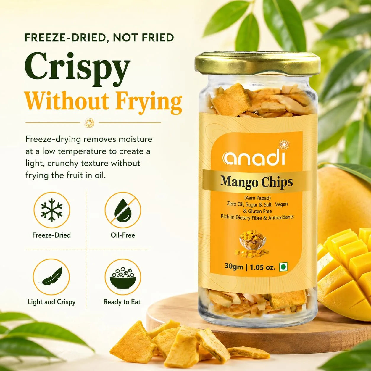 Freeze-dried mango chips jar with golden mango pieces, 30 g
