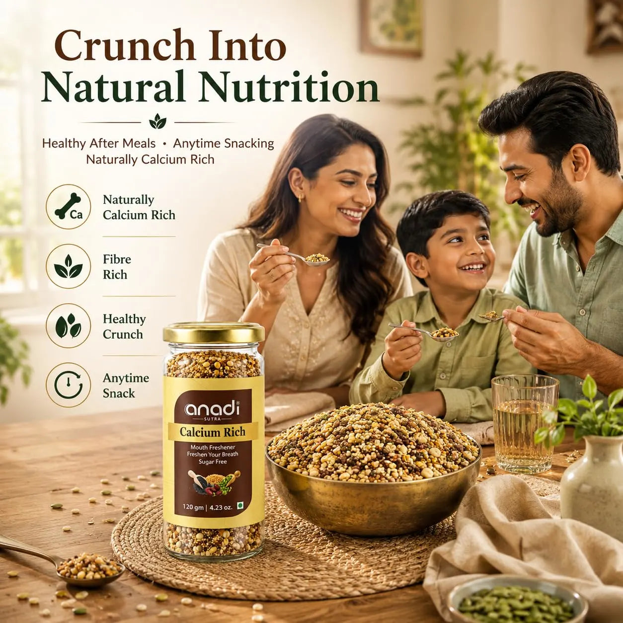 Anadi Sura Calcium Rich jar on table with a bowl of small golden grains