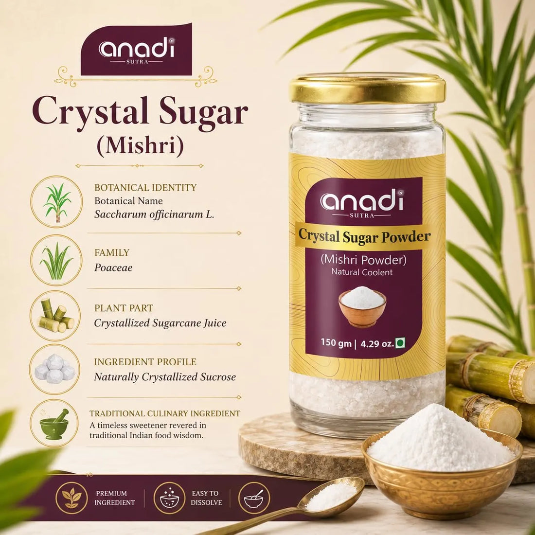 Crystal sugar powder jar with gold lid and wooden spoon holding white sugar