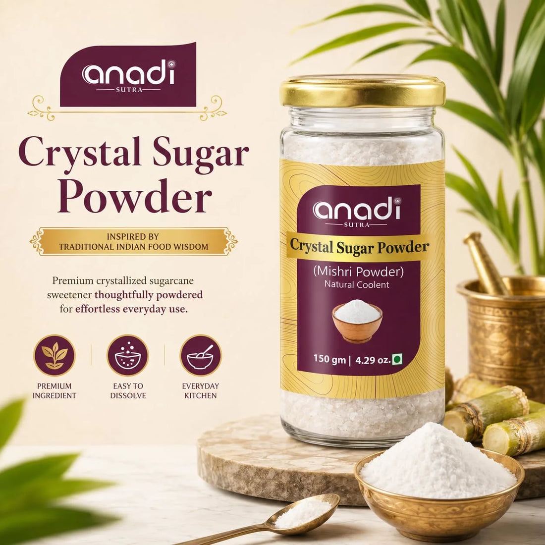 Crystal sugar powder jar with gold lid and bowl of white sugar granules