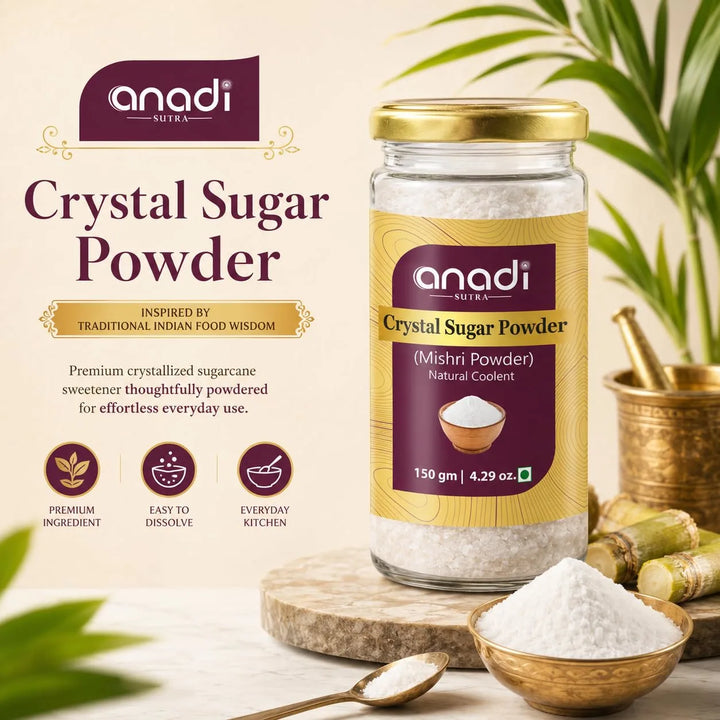 Crystal sugar powder jar with gold lid and bowl of white sugar granules