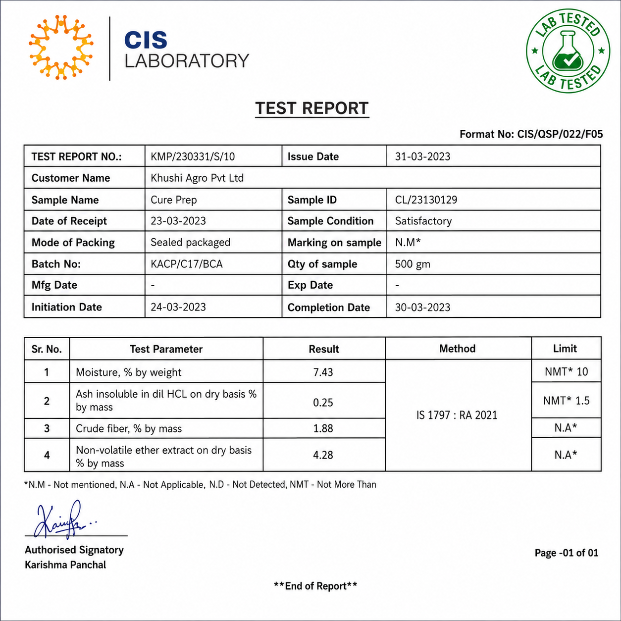 Cure Pep 50 gm test report sheet with batch and result tables