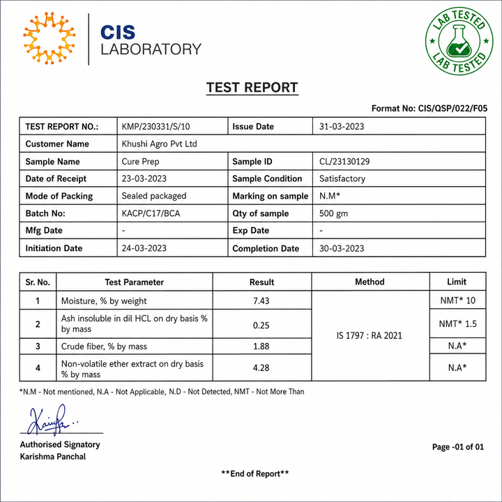 Cure Pep 50 gm test report sheet with batch and result tables