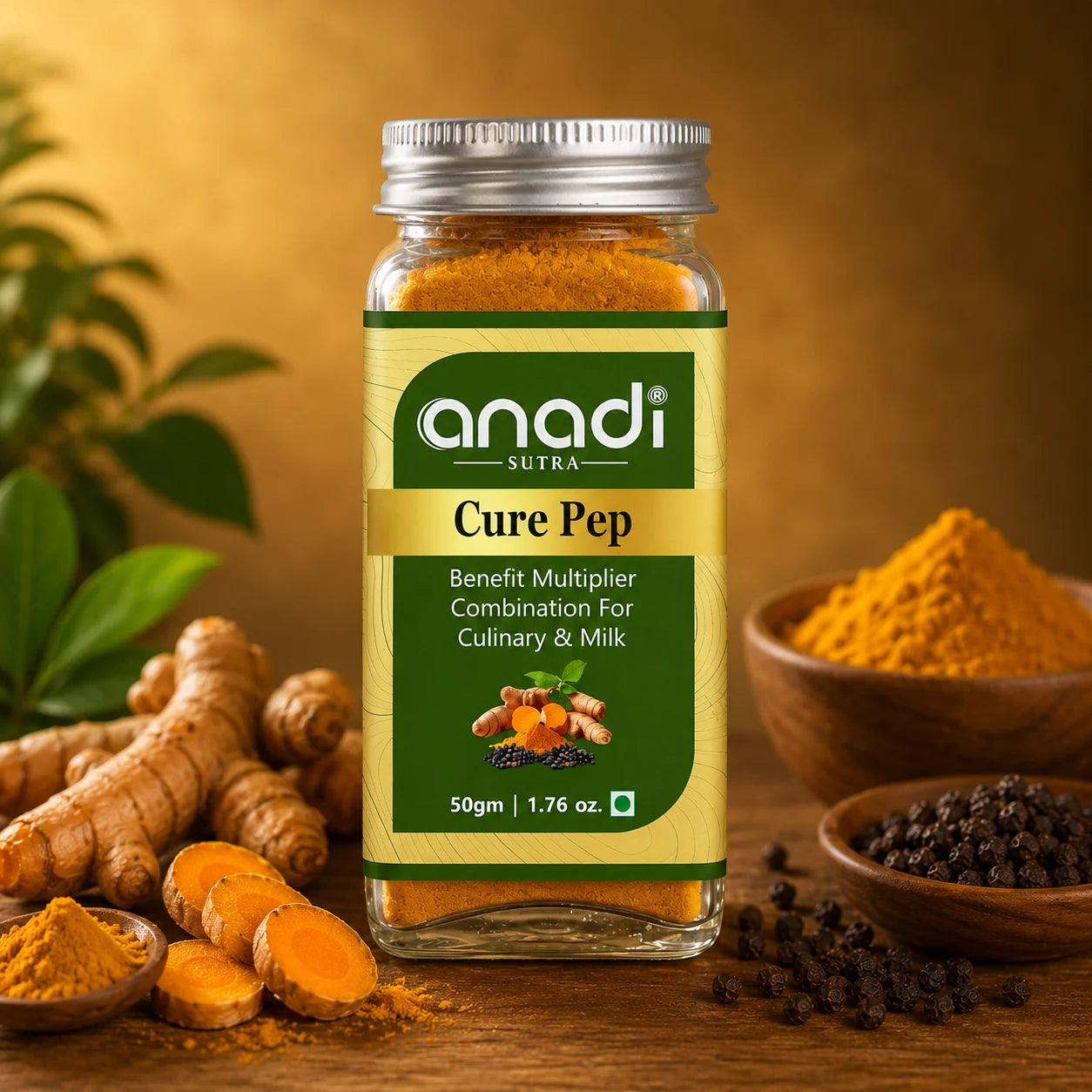 Turmeric curcumin and black pepper supplement jar with turmeric roots and pepper bowls