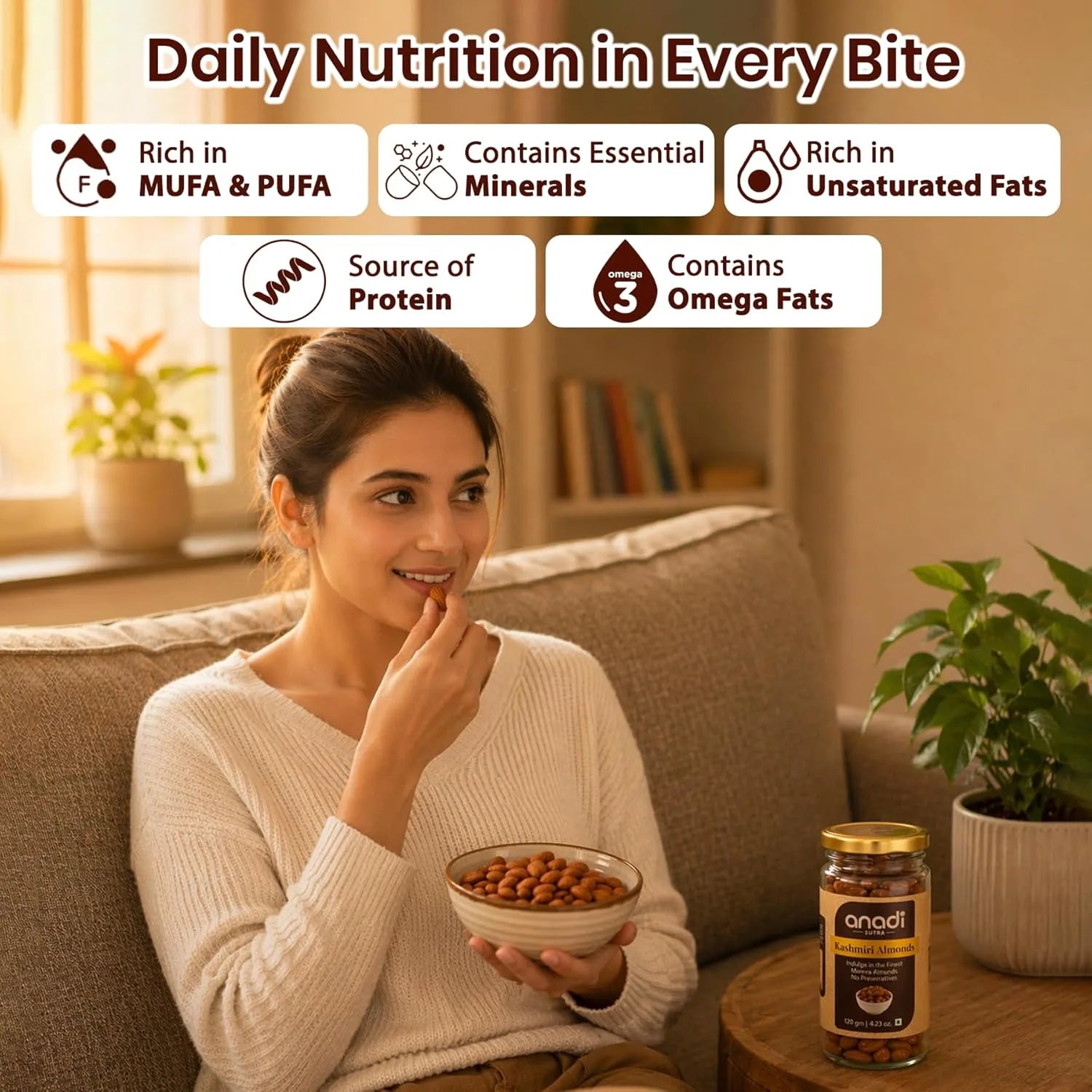 Jar of Kashmiri almonds on table beside woman holding a bowl of almonds