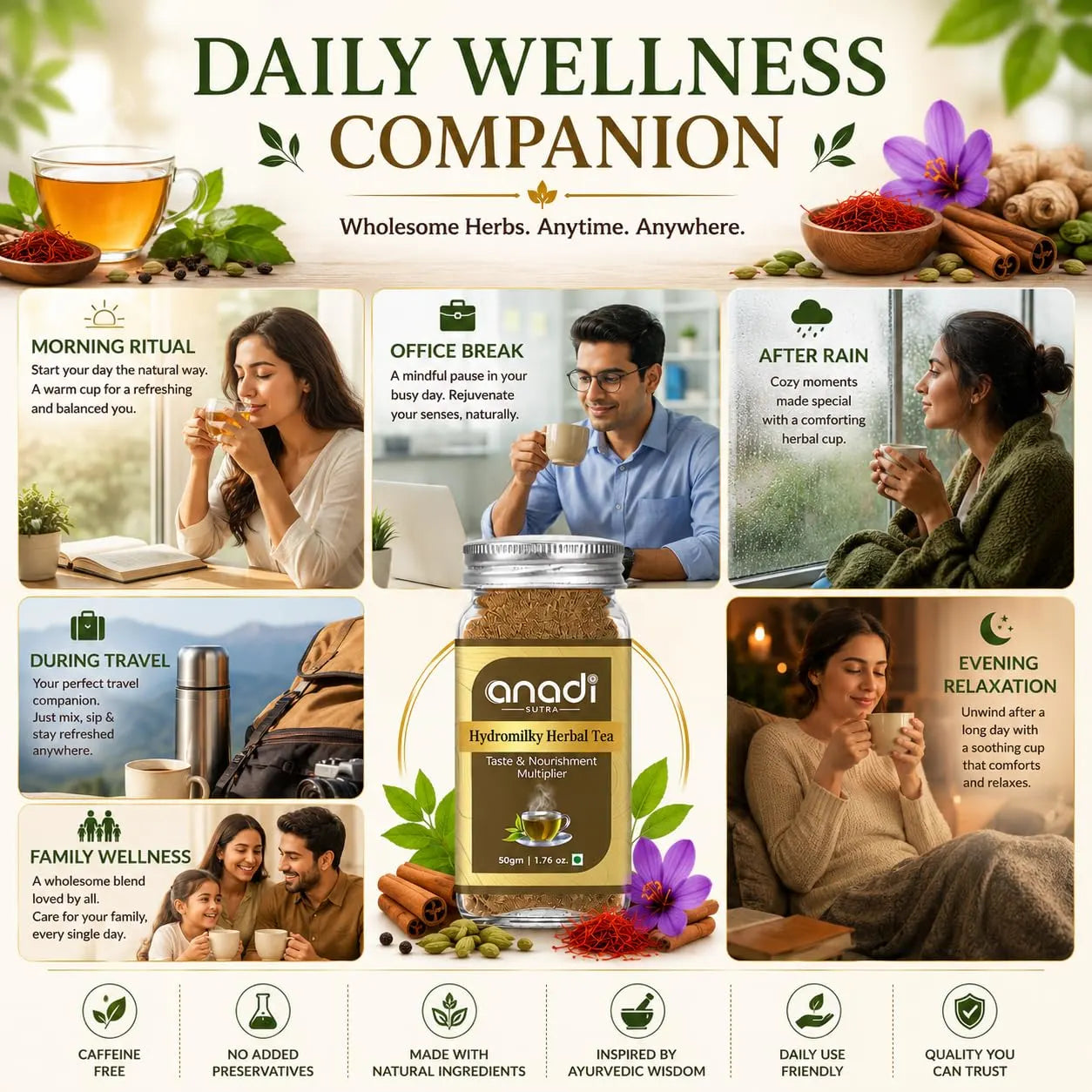 Hydromilky herbal tea jar on “Daily wellness companion” lifestyle chart with cups