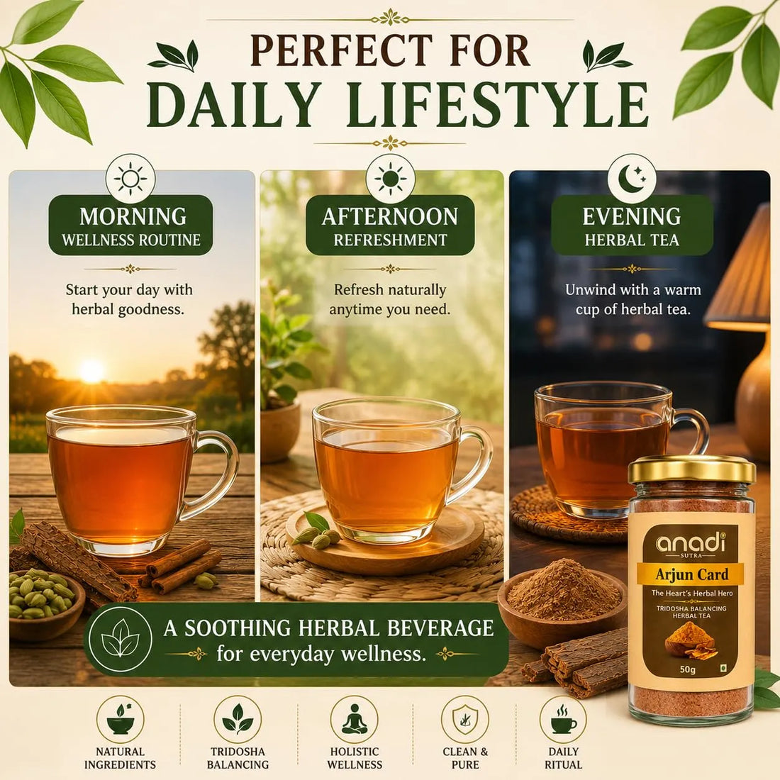 Arjun Card jar with cups of herbal tea on a daily lifestyle graphic