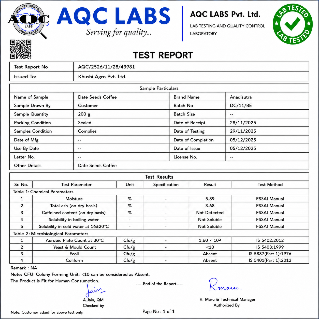 Date seed coffee test report document with sample details and test results