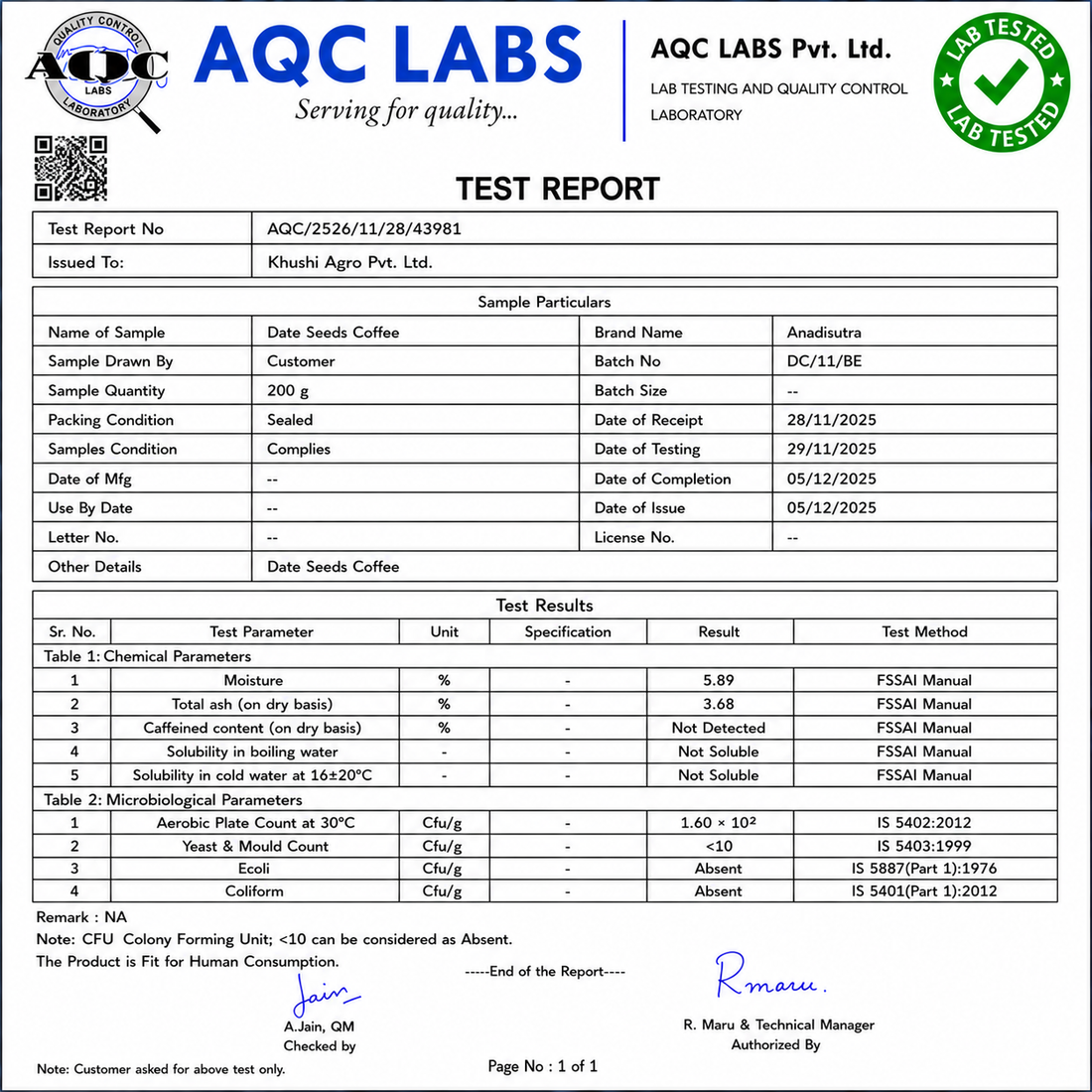 Date seed coffee test report document with sample details and test results