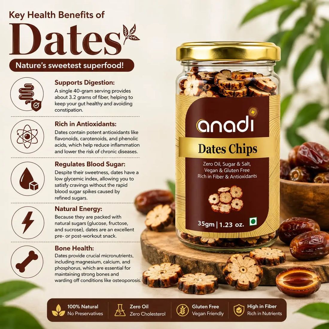 Dates jar with gold lid, anadi label, and freeze-dried date pieces for snacking