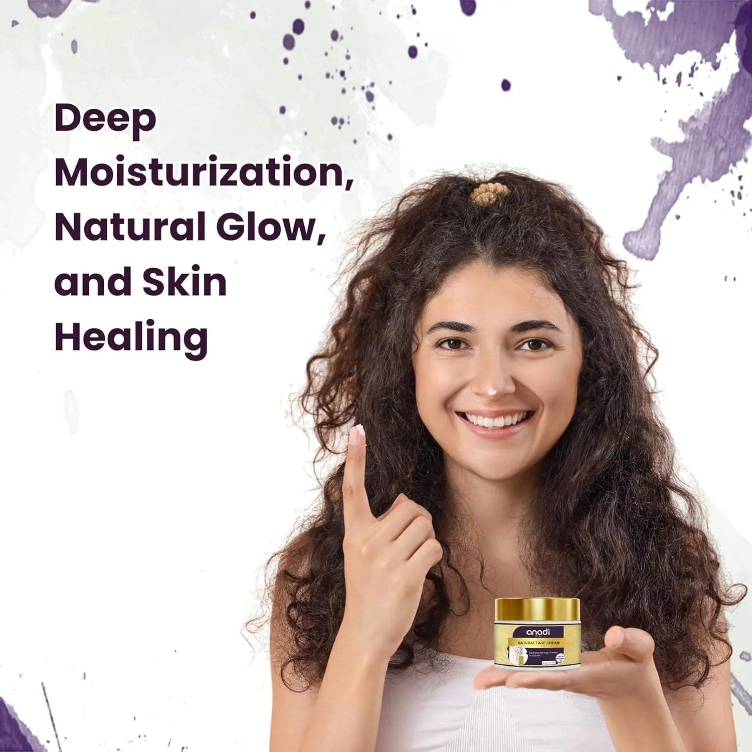 Natural face cream jar held by a smiling woman.