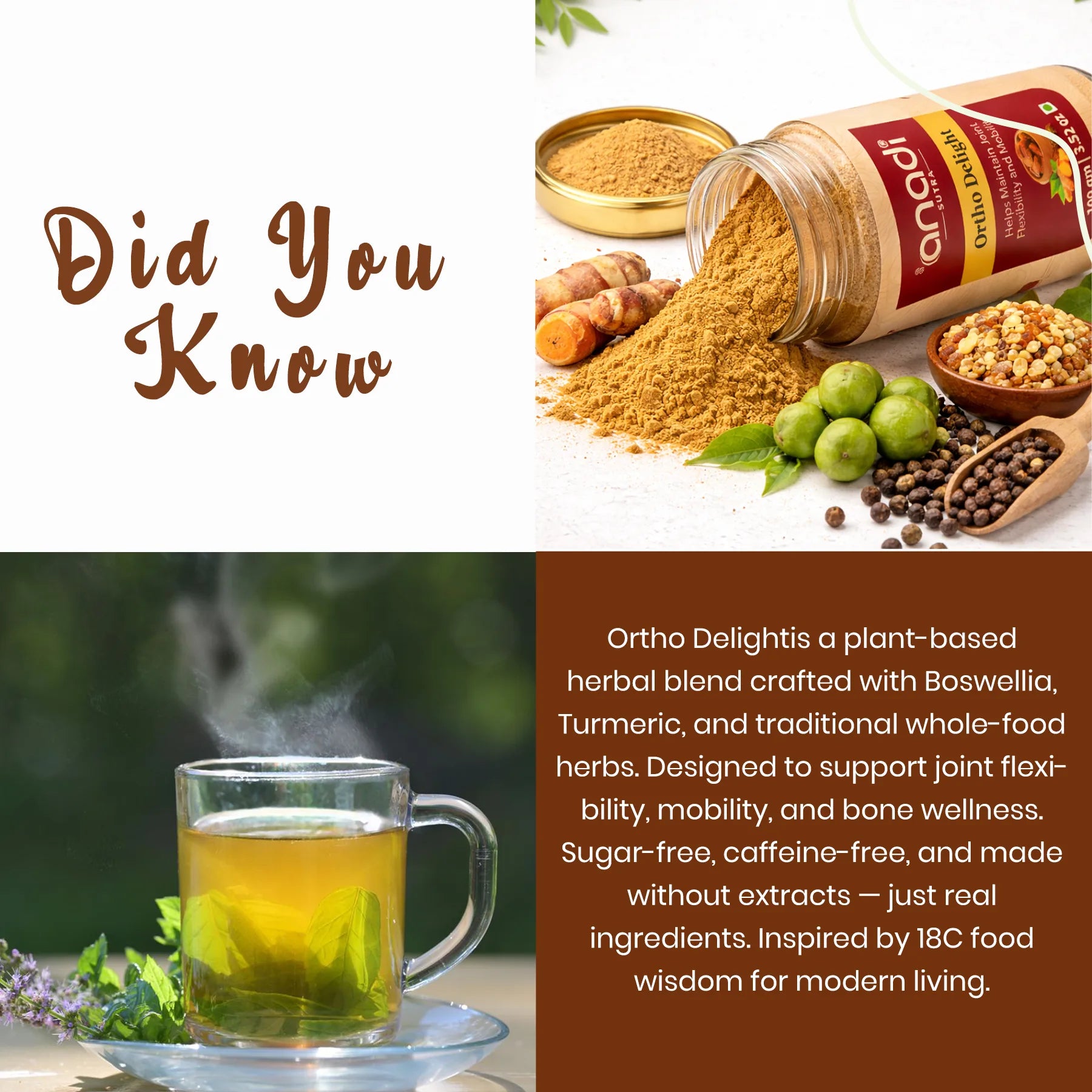 Ortho Delight Herbal Powder 100g | Boswellia Serrata & Turmeric Blend | Whole Herb Formula (No Extracts) | Mobility Support | Plant-Based Joint Care for Men & Women