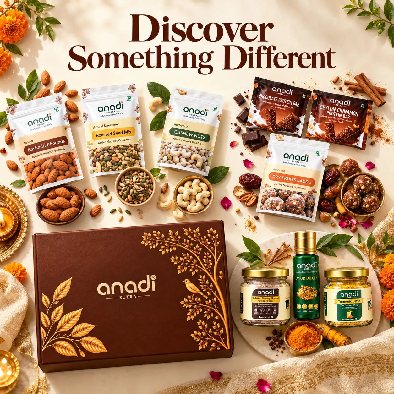 Anadi Sutra Diwali gift hamper with brown box and assorted nut and snack pouches