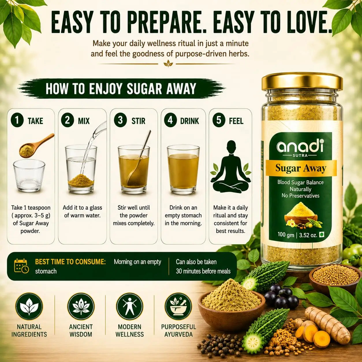 Gold-lidded supplement jar with green label, with illustrated preparation steps.