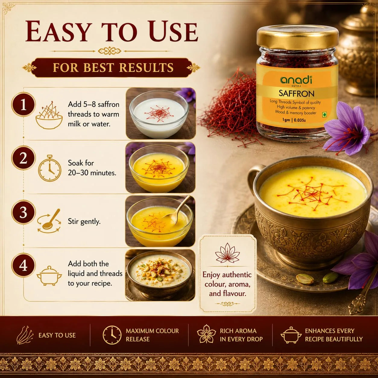 anadi SUTRA saffron jar with gold lid beside saffron threads and a bowl of infusion