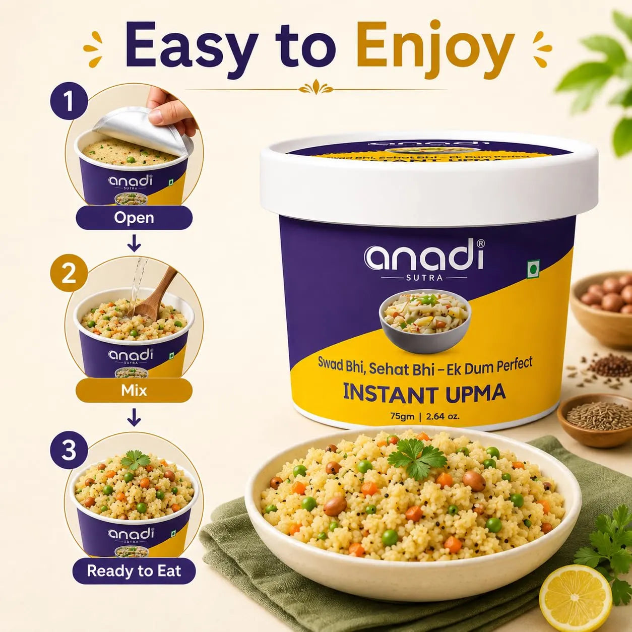 Instant upma cup with lid and bowl of upma, shown ready to eat.
