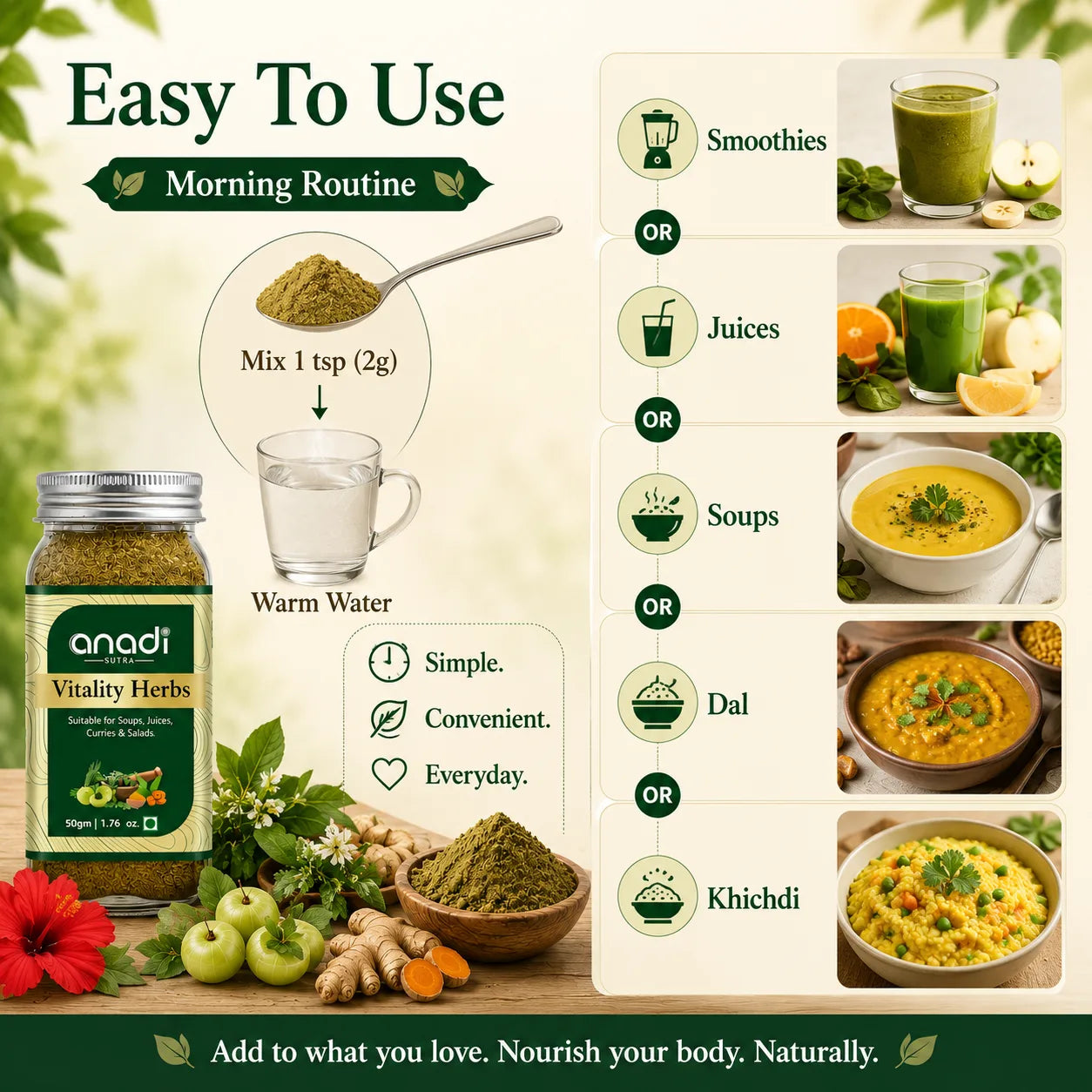 Herbal supplement jar with usage guide for smoothies, juices, soups, dal, and khichdi