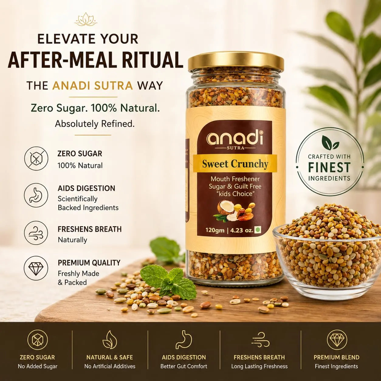 Sweet Crunchy 120 g jar with gold lid, anadi sutra label, and visible seed filling