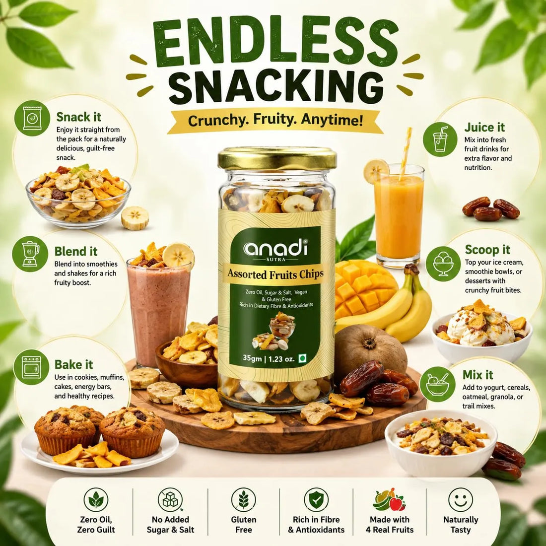Assorted fruit chips jar with golden lid, styled with fruit snack servings