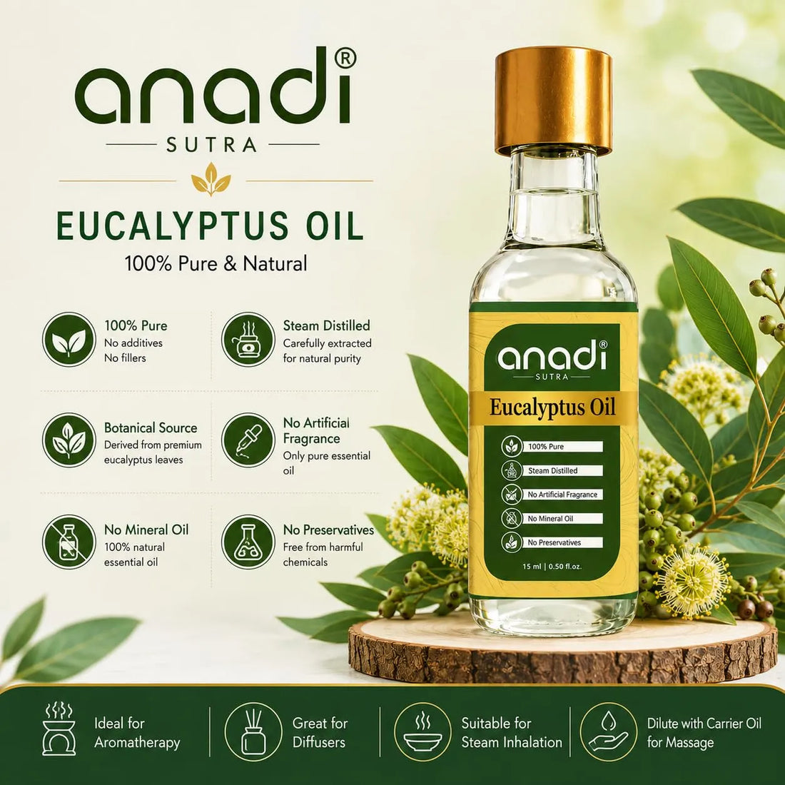 anadi sutra eucalyptus oil bottle, gold cap, 100% pure natural
