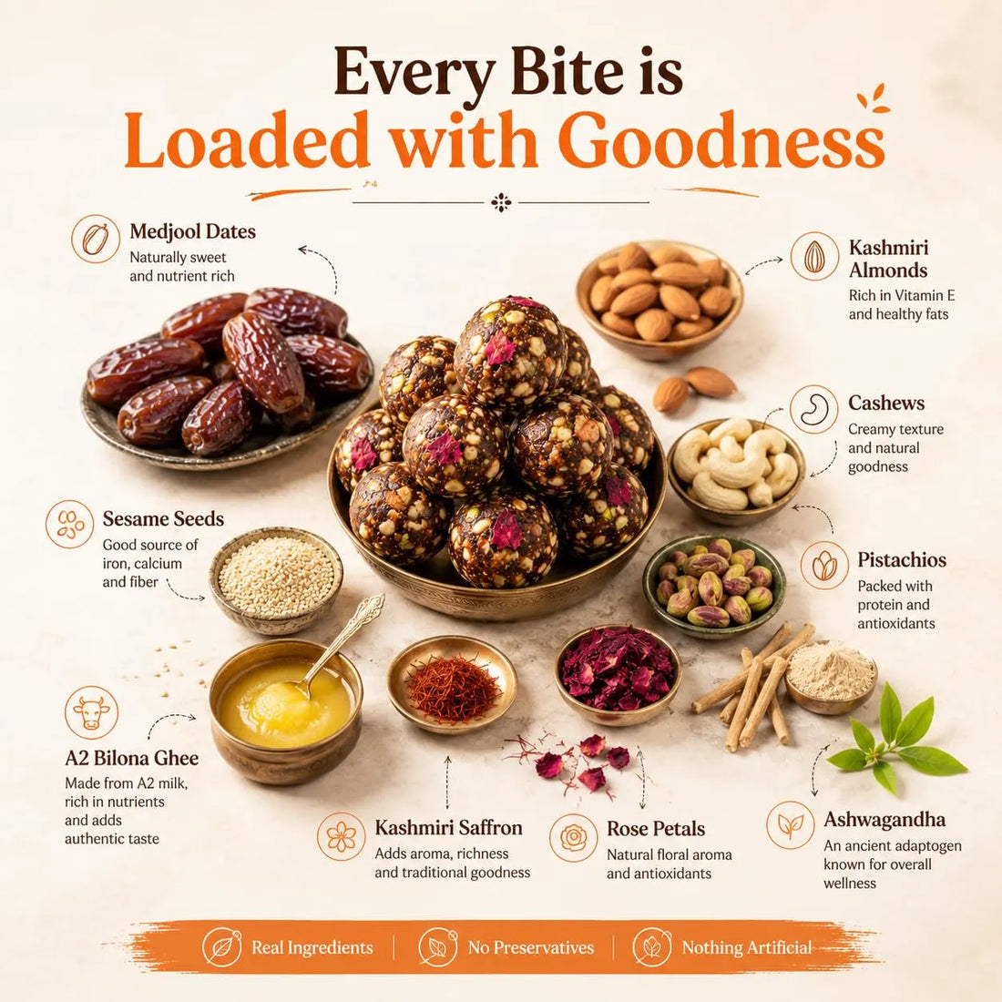 Assorted dry fruits ladoo balls surrounded by ingredient bowls like dates and cashews