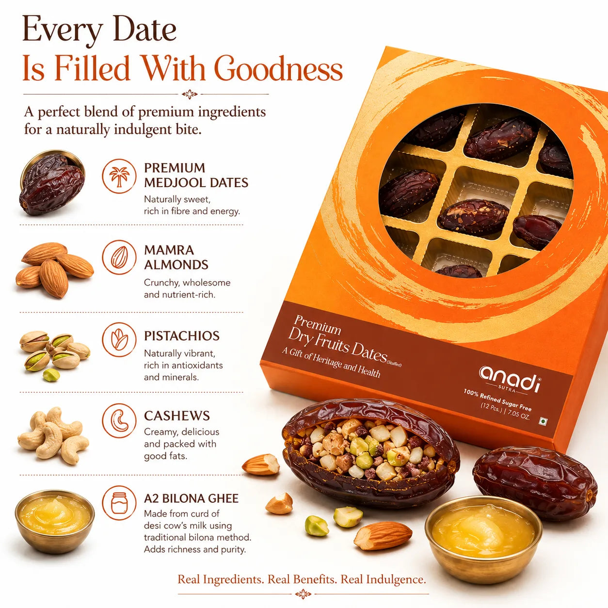 Stuffed dates gift box with front label and illustrations of stuffed dates and nuts