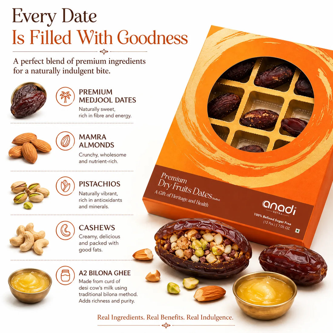 Stuffed dates gift box with front label and illustrations of stuffed dates and nuts
