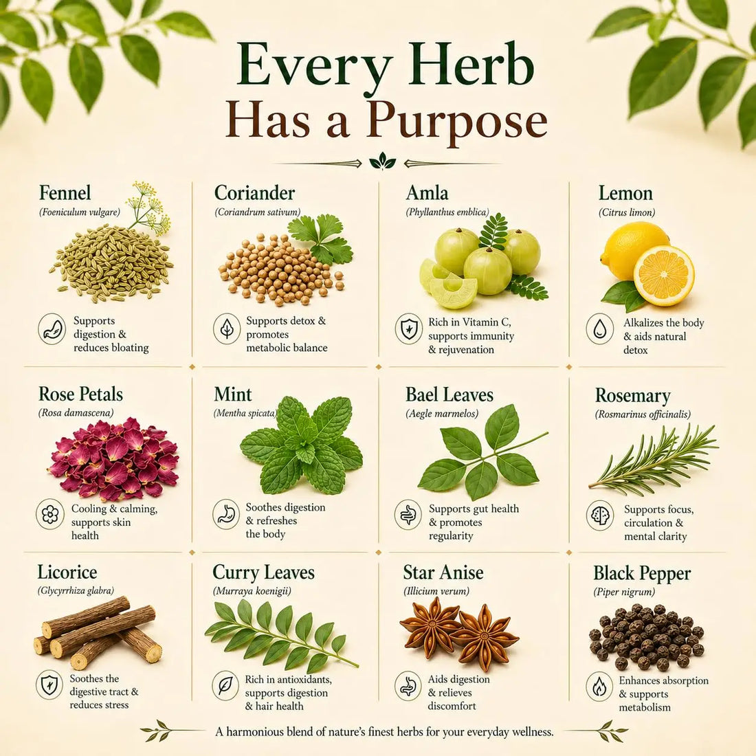 Herb blend infographic poster showing multiple herbs and benefits for alkaline wellness