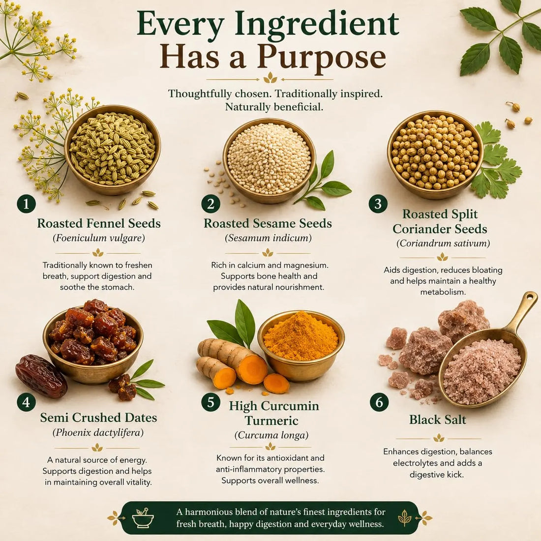 Infographic listing roasted fennel seeds, sesame, split coriander, dates, turmeric, and black salt