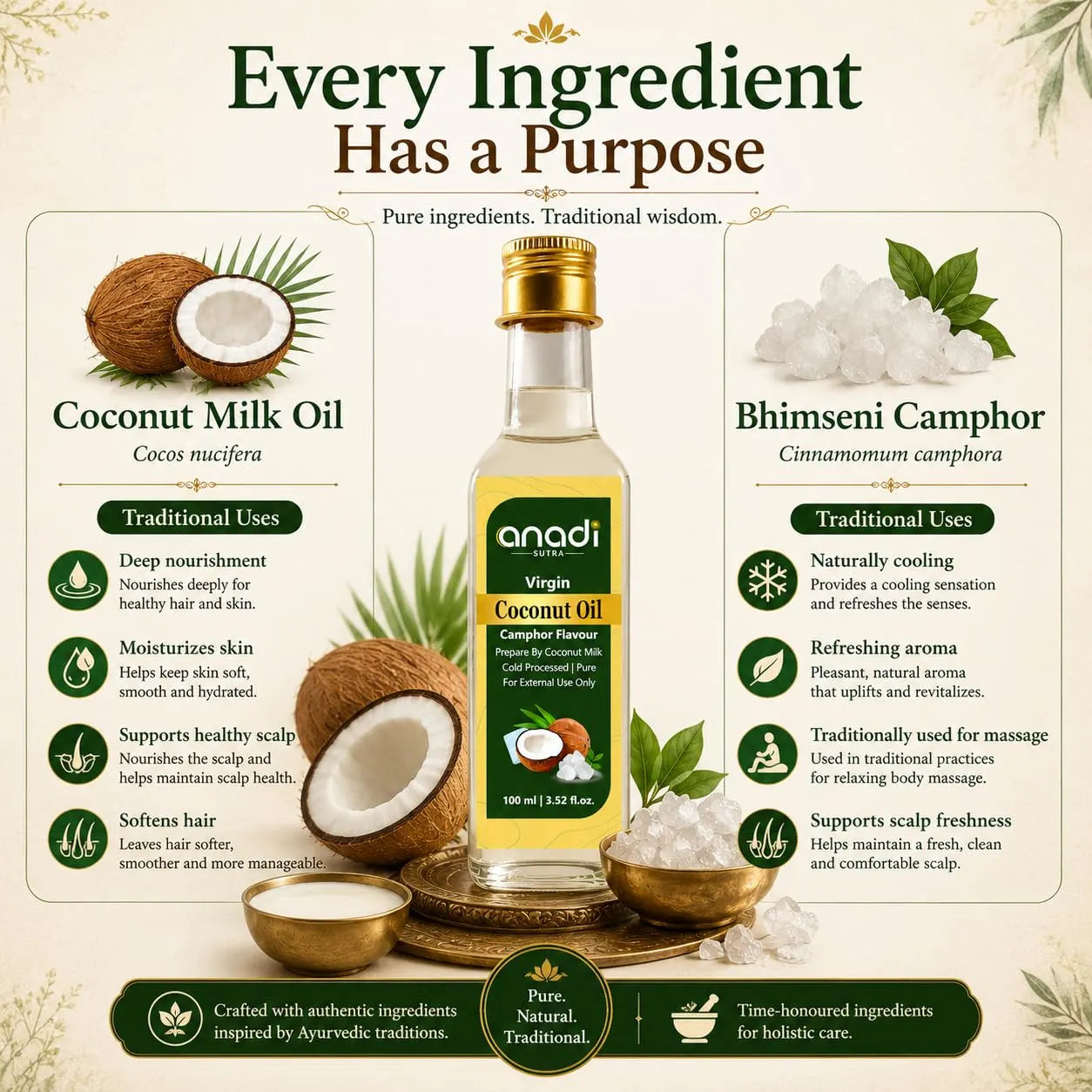 Virgin coconut camphor oil bottle with gold cap displayed among coconut and camphor pieces