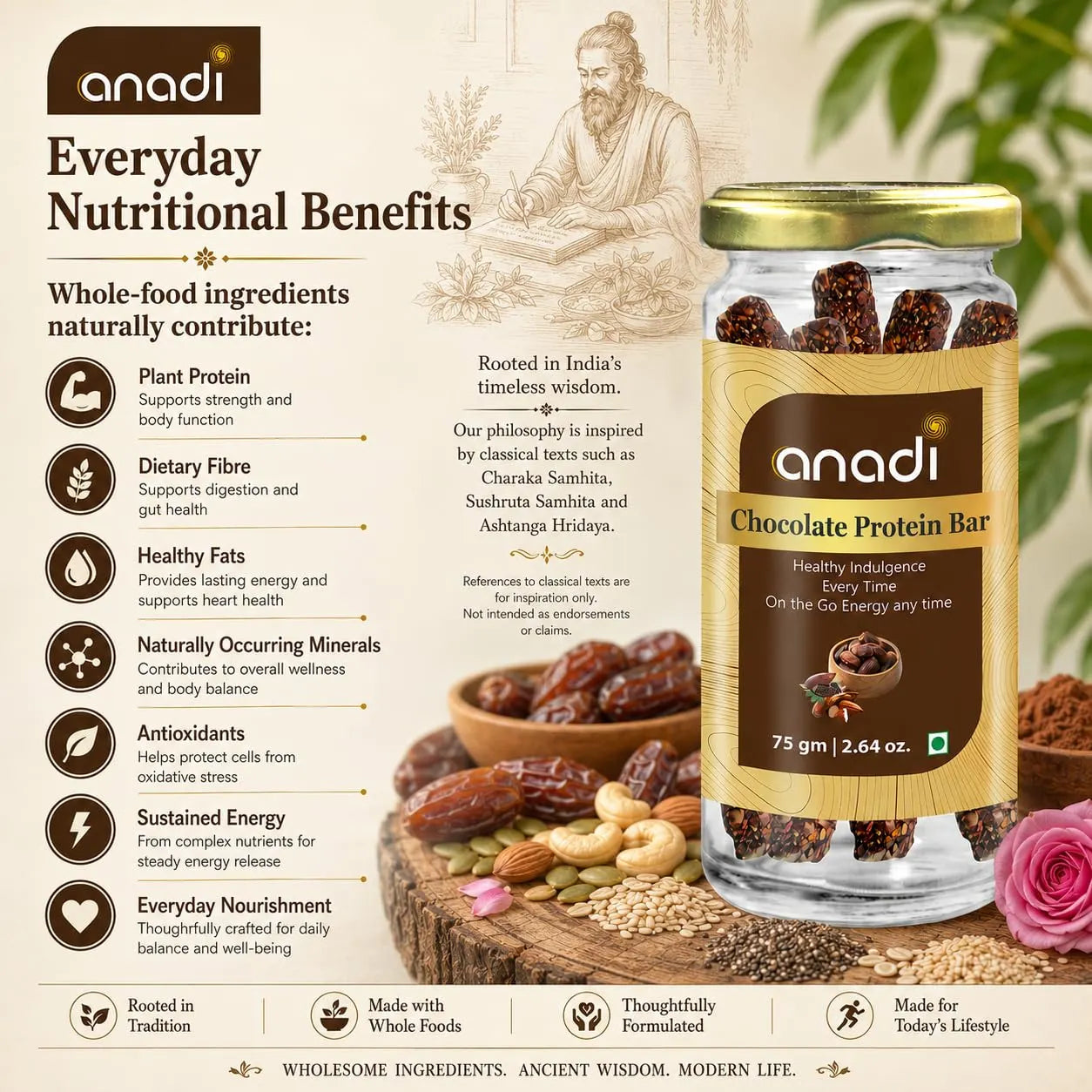 anadi Chocolate Protein Bar glass jar with gold lid, label beside Everyday Nutritional Benefits
