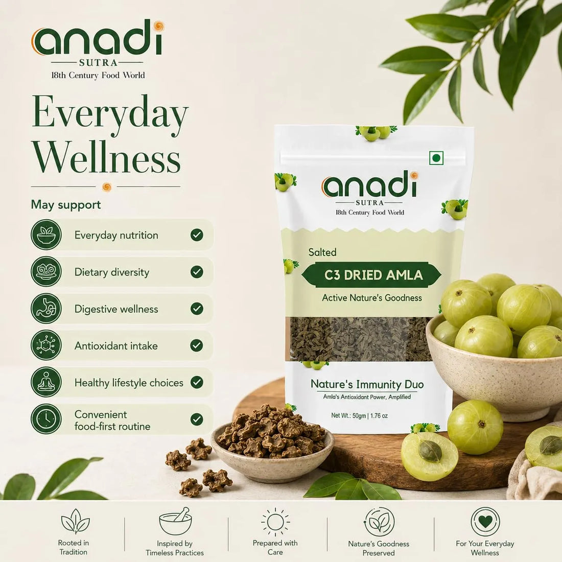 Salted C3 dried amla pouch with bowl of dried pieces and fresh green amla