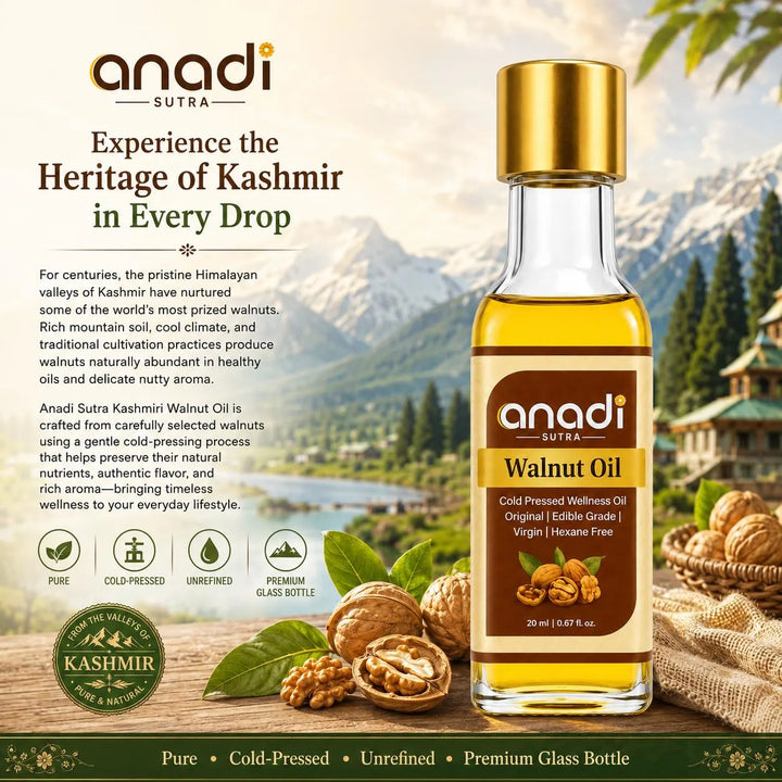 Walnut oil bottle in glass with gold cap and amber oil, with walnuts and green leaves
