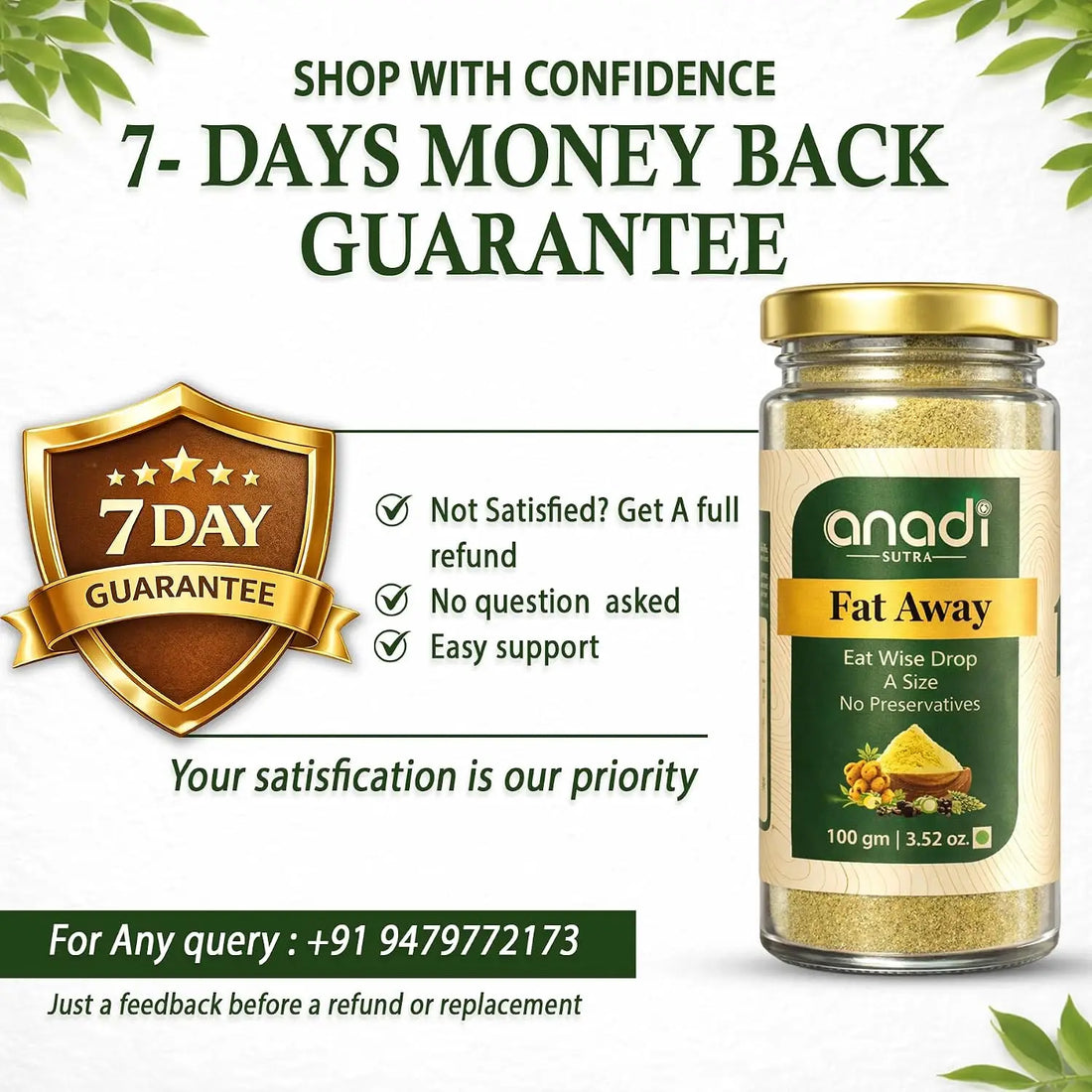 Fat Away jar with gold lid and beige label on a white background with money-back badge.
