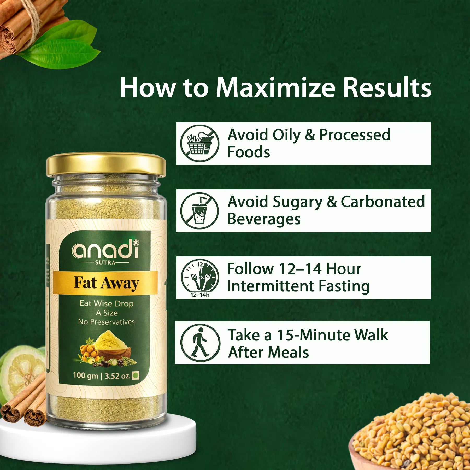 Fat Away 100 gm | Herbal Slimming Powder | Metabolism Support | Weight Management Support | Garcinia Cambogia, Fenugreek, Cinnamon & Triphala | No Added Sugar | For Active Lifestyle