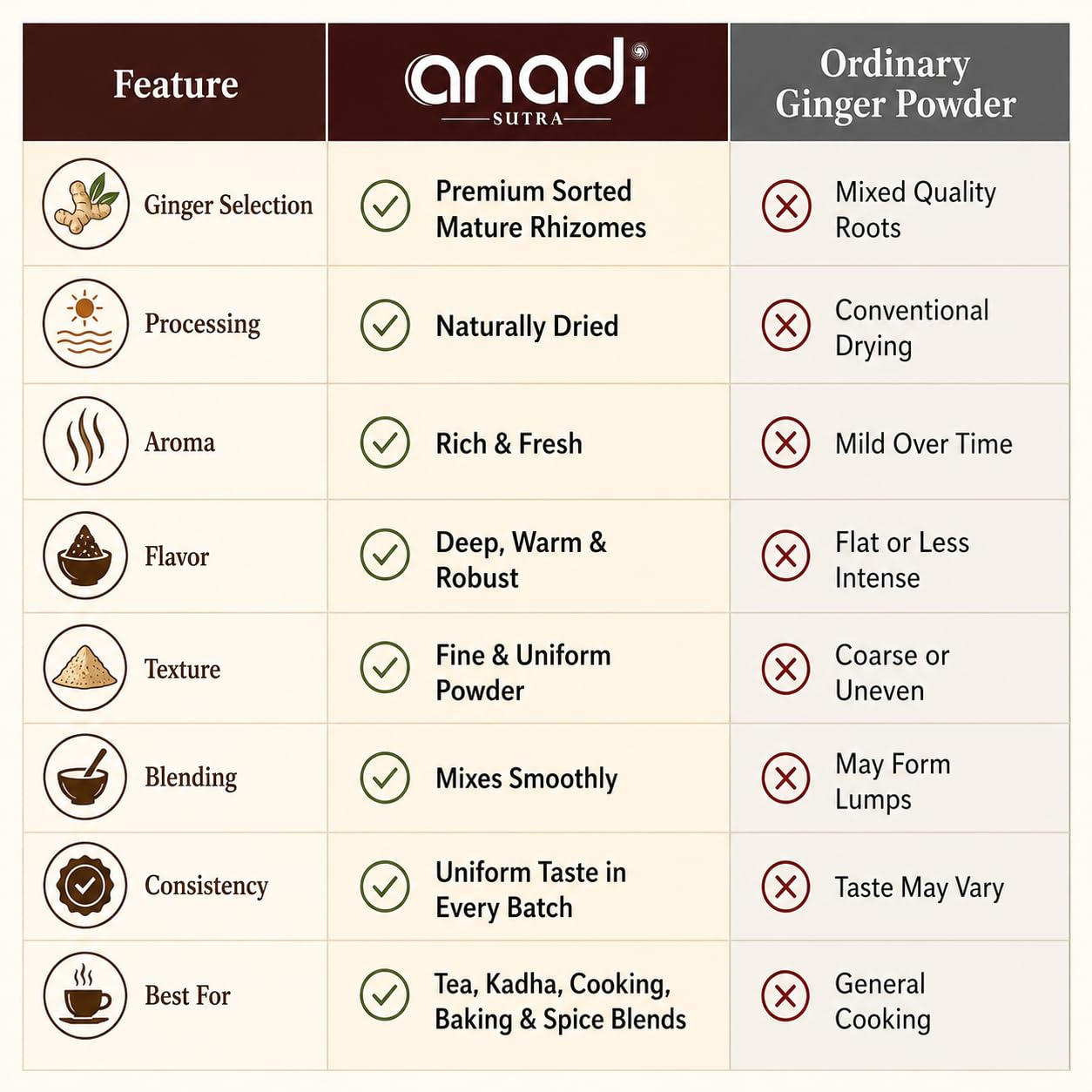 Dry ginger powder feature comparison chart with checkmarks and icons