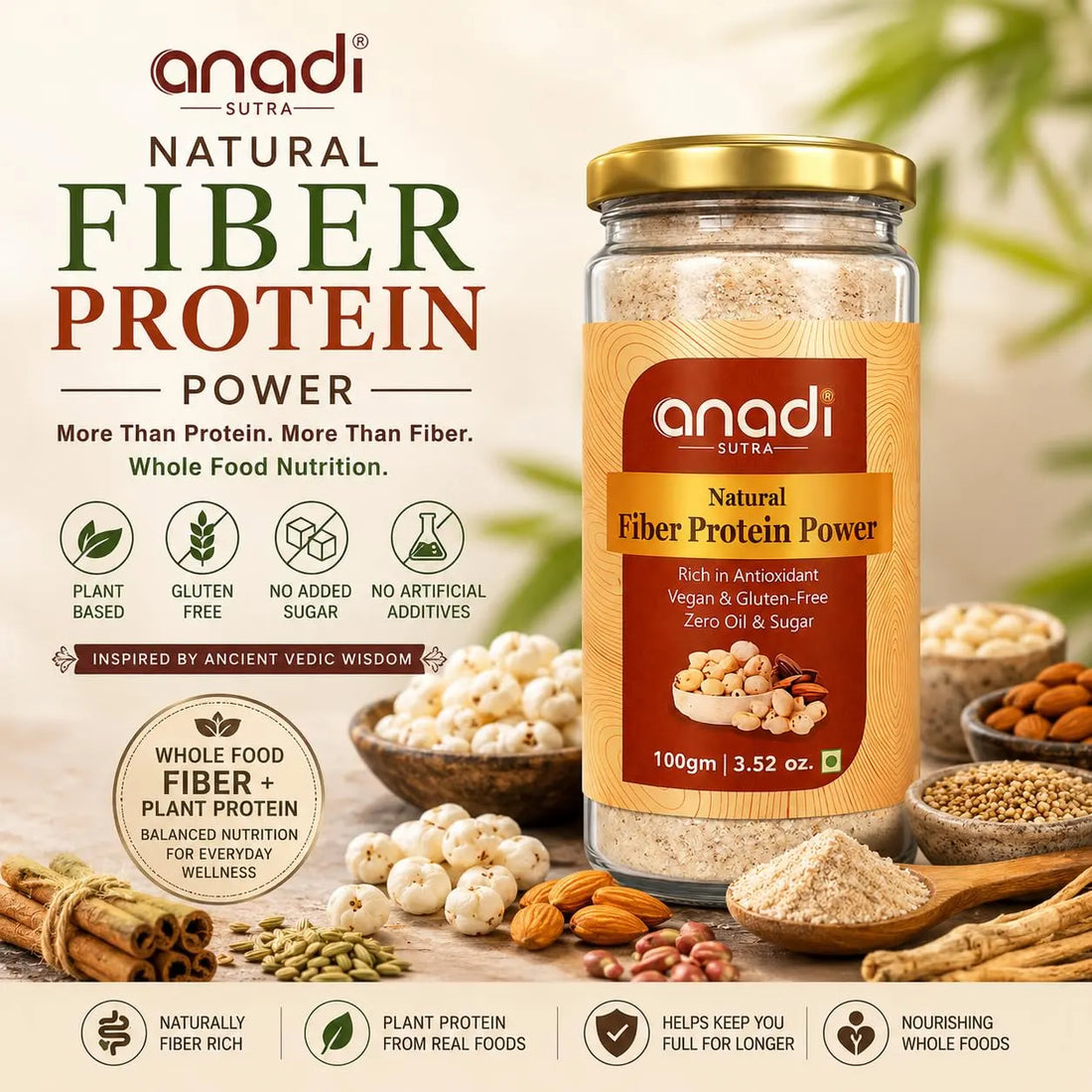 anadi Natural Fiber Protein Power jar with golden lid, light beige powder on display