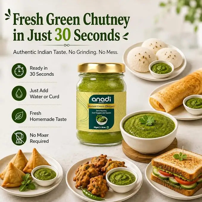 Jar of instant green chutney with a bowl and served snacks on white plates