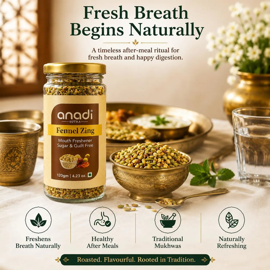 Anadi fennel mouth freshener jar with bowls of roasted fennel seeds and green leaves