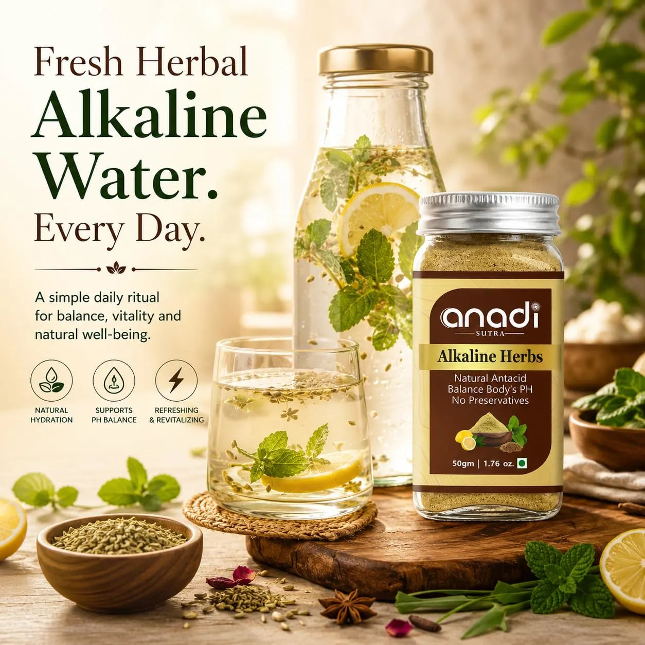 Anadi Sutra Alkaline Herbs jar with glass of herbal alkaline water and fresh leaves