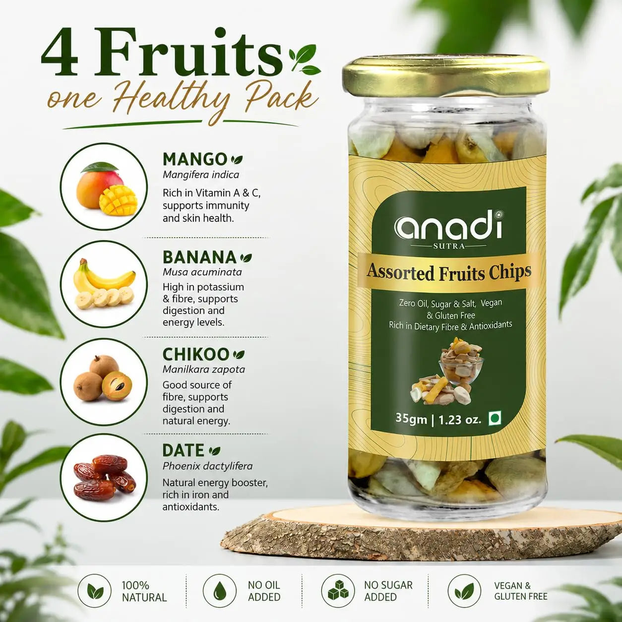 Assorted fruit chips jar with golden lid and four-fruit variety label, 35 g