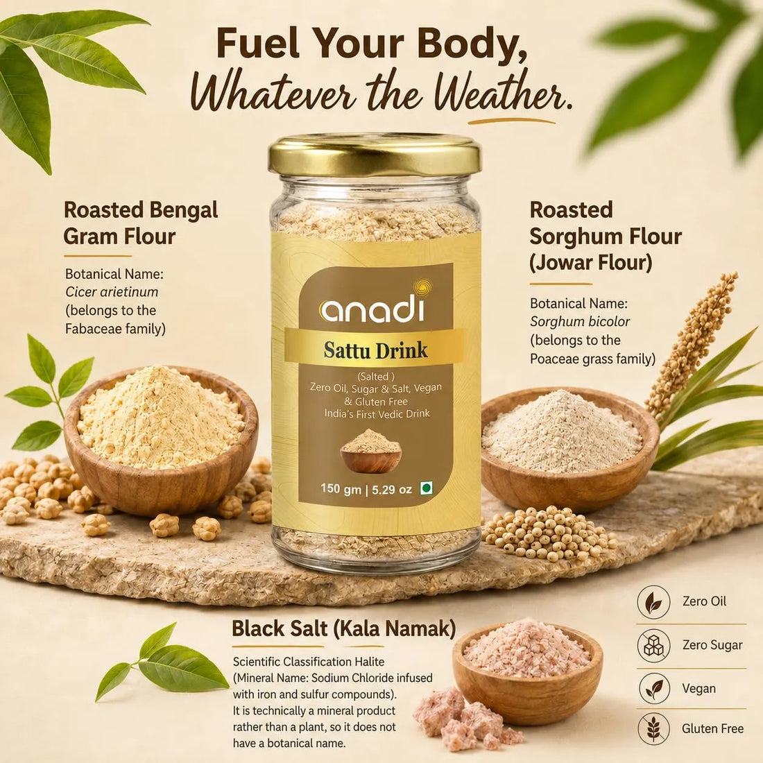 Anadi Sattu Drink premix bottle, gold cap, 150 g; fine flour powder visible.