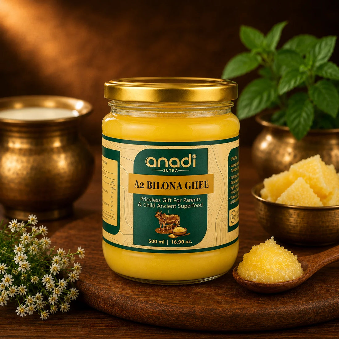 anadi A2 bilona ghee jar, 500 ml glass jar with gold lid