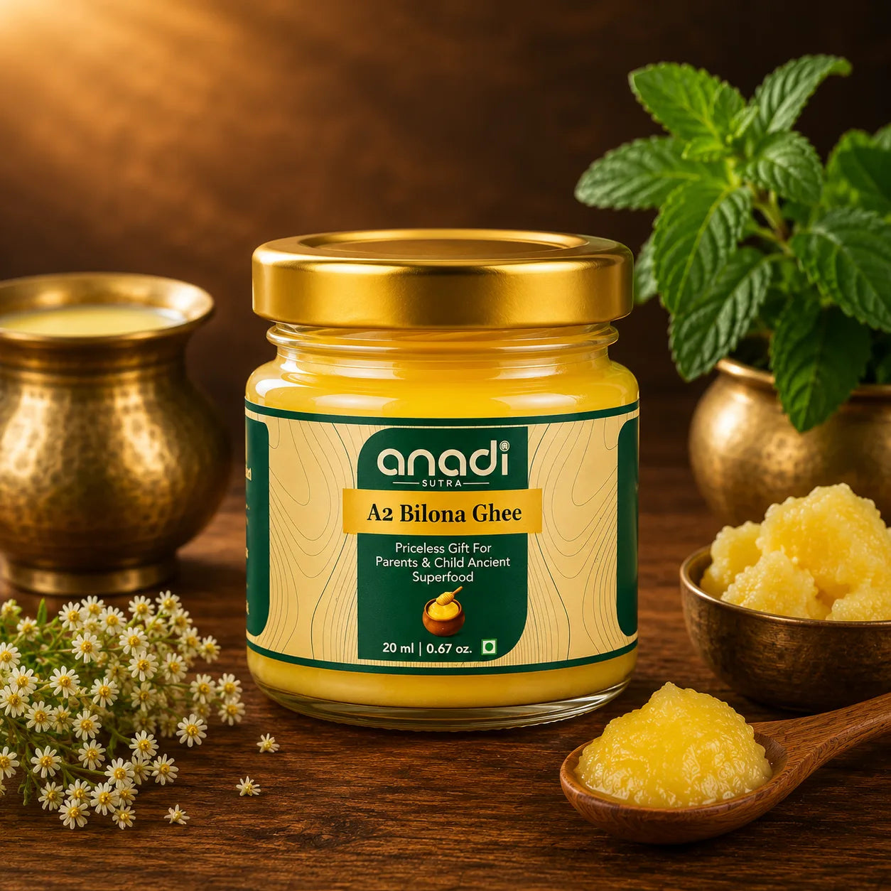 anadi A2 Bilona ghee jar, 20 ml, with ghee on a wooden spoon
