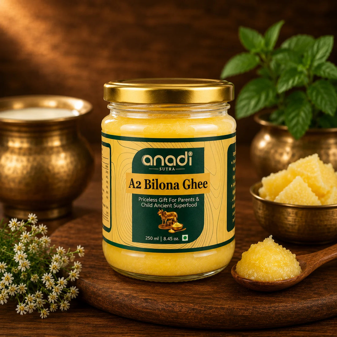 anadi A2 Bilona ghee jar, 250 ml, with ghee pieces and wooden spoon